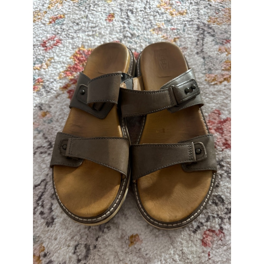 KEEN Lana Slide Leather Sandals Brown Olive Womens 9 Adjustable Straps 1022591